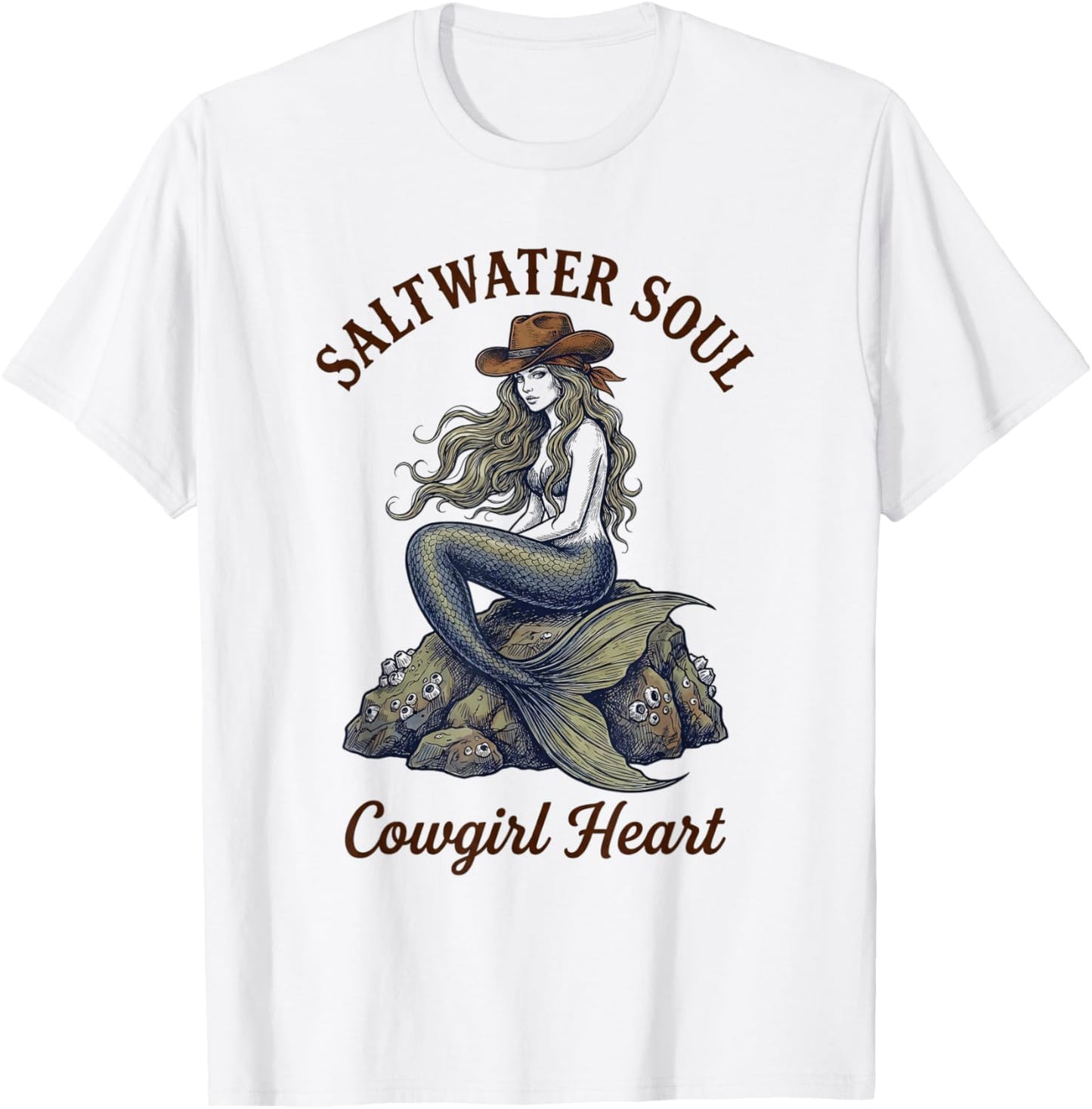 Saltwater Soul Cowgirl Heart Mermaid Western Rodeo Country T-Shirt - T-Shirt | White