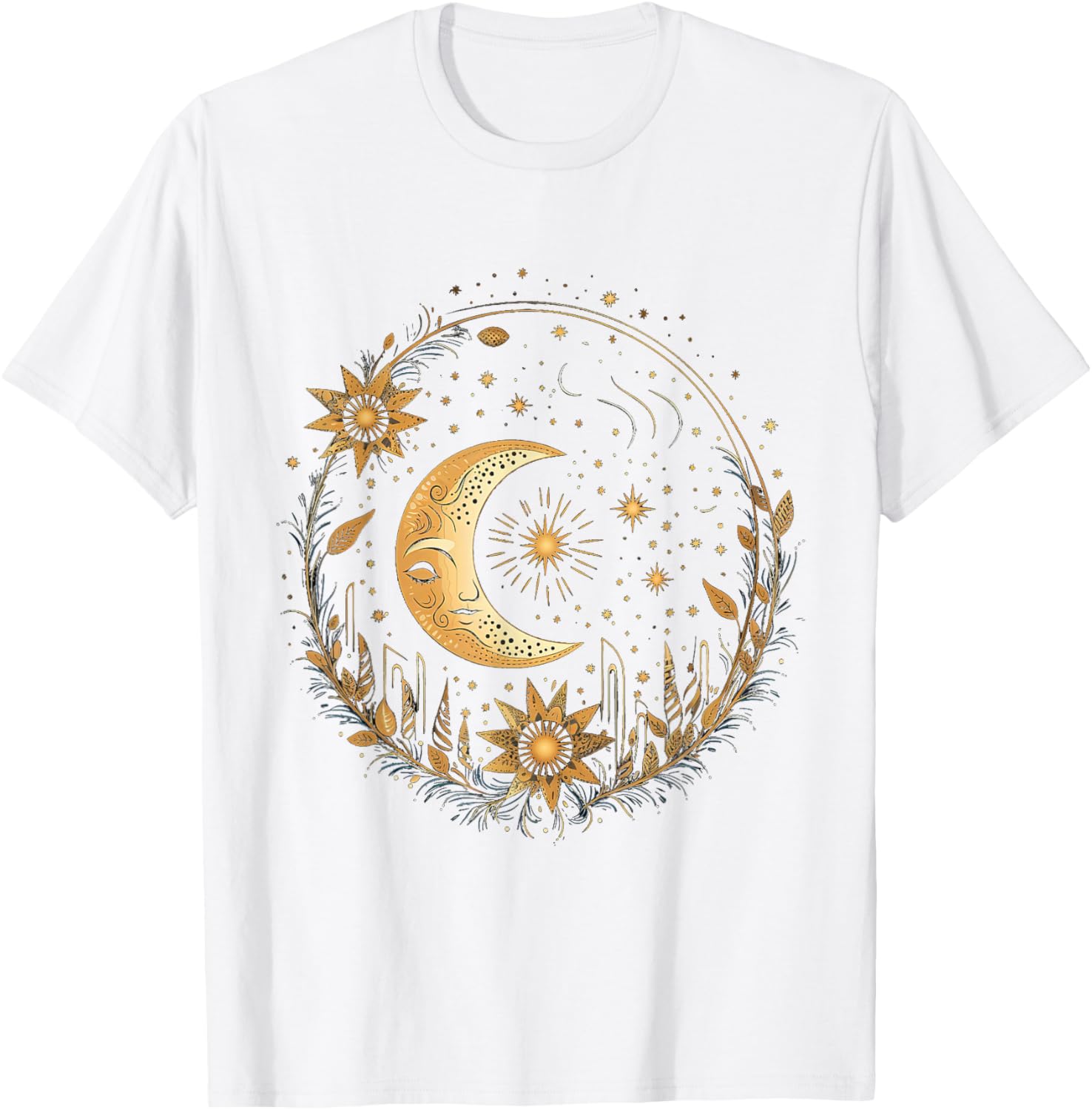 Mystical Sun and Moon with Woman Mystical Flowers Aesthetic T-Shirt - T-Shirt | White