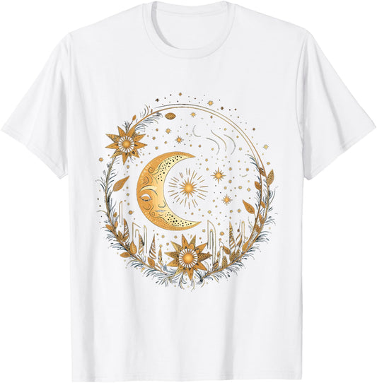 Mystical Sun and Moon with Woman Mystical Flowers Aesthetic T-Shirt - T-Shirt | White