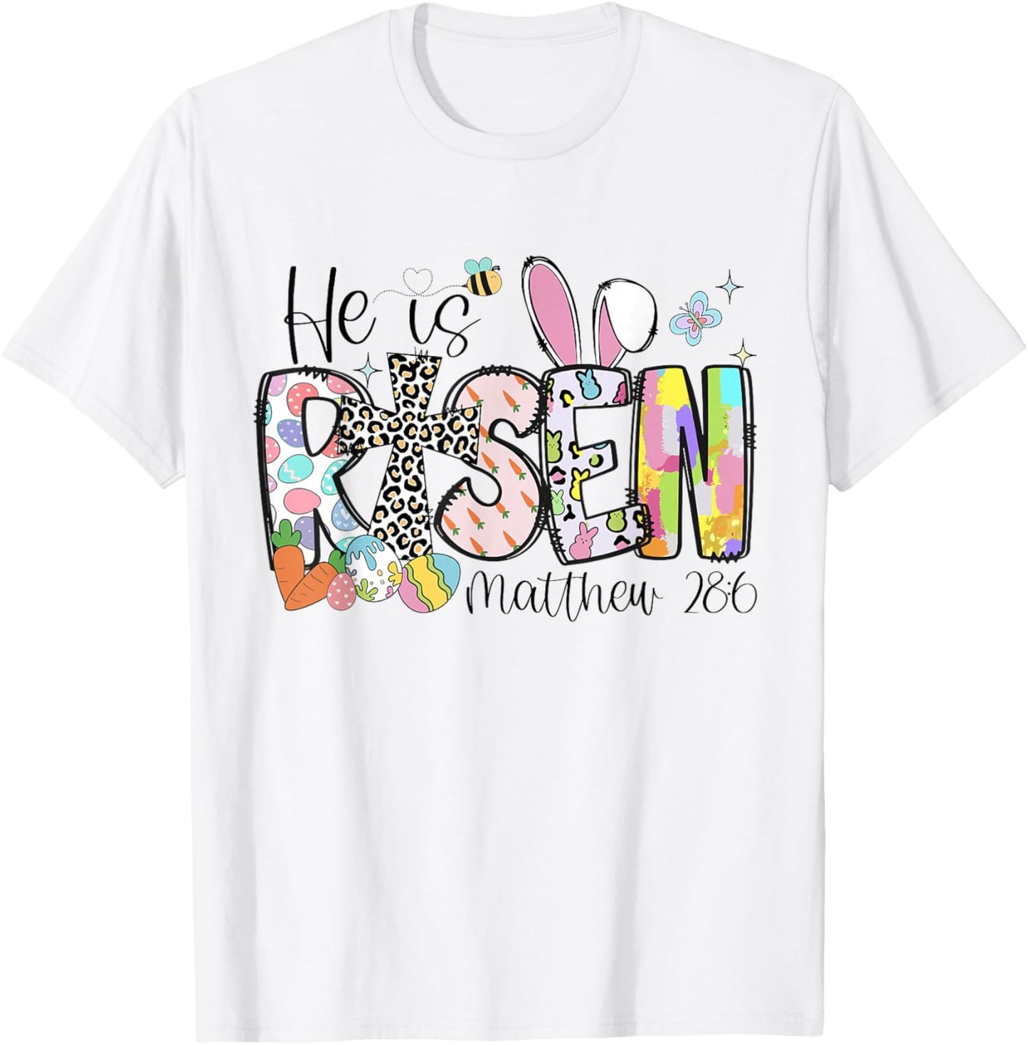 He Is Risen Easter Bunny Bible Verse Christian Cross Faith T-Shirt - T-Shirt | White