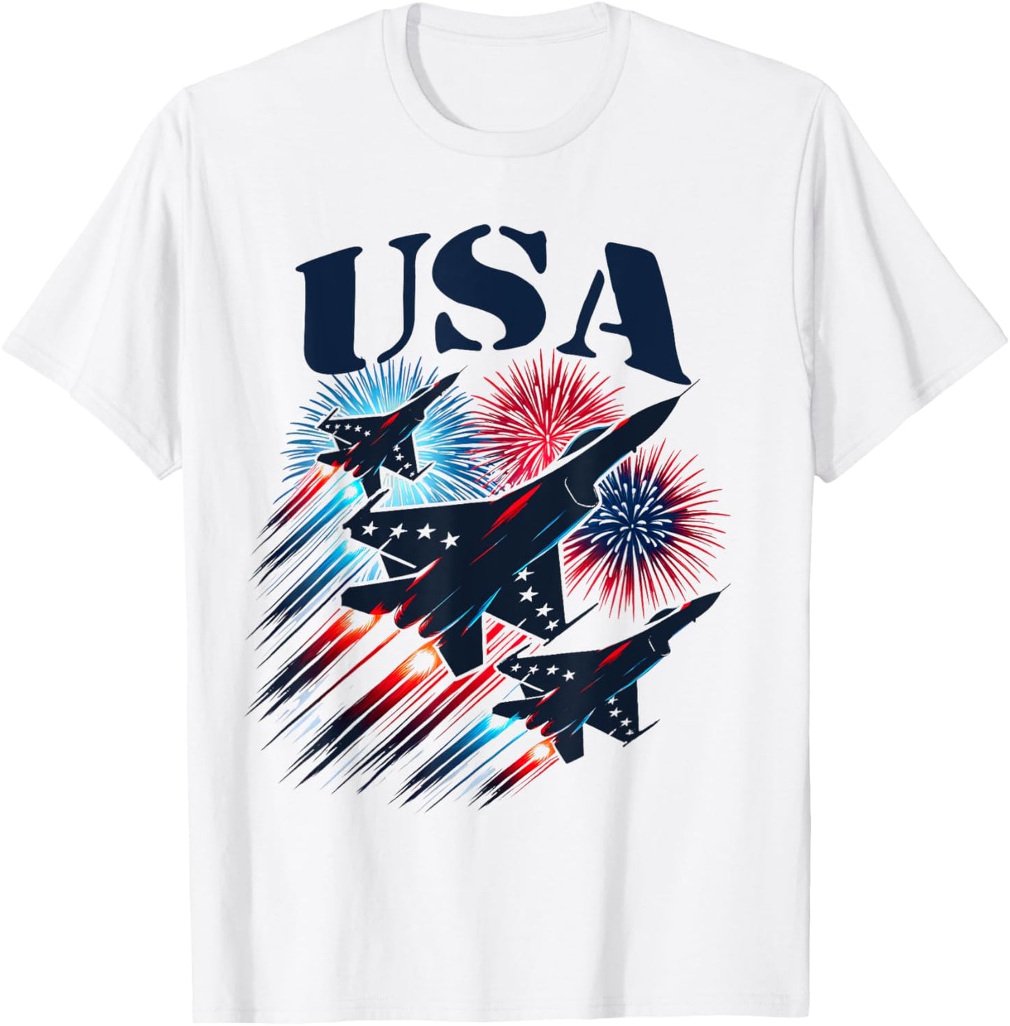 Patriotic 4th of July USA Flag Fighter Jets Planes Fireworks T-Shirt - T-Shirt | White