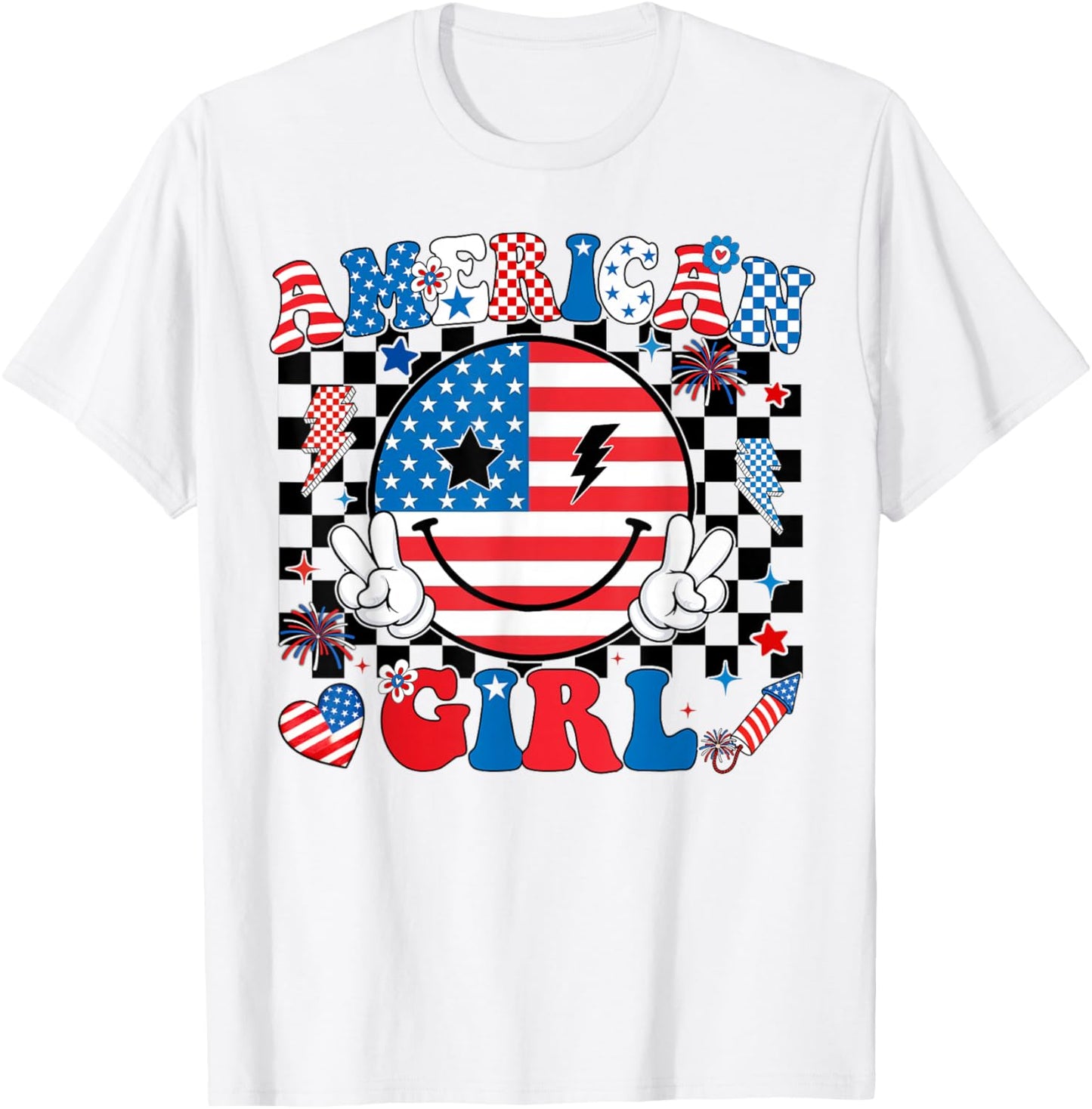 Groovy American Girl Smile Face 4th of July Shirts Women T-Shirt - T-Shirt | White