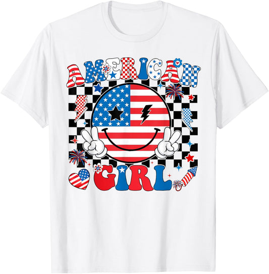 Groovy American Girl Smile Face 4th of July Shirts Women T-Shirt - T-Shirt | White