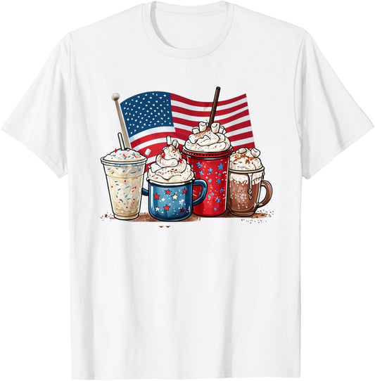 July 4th Coffee Ice Mocha With Whipped Cream American Flag T-Shirt - T-Shirt | White