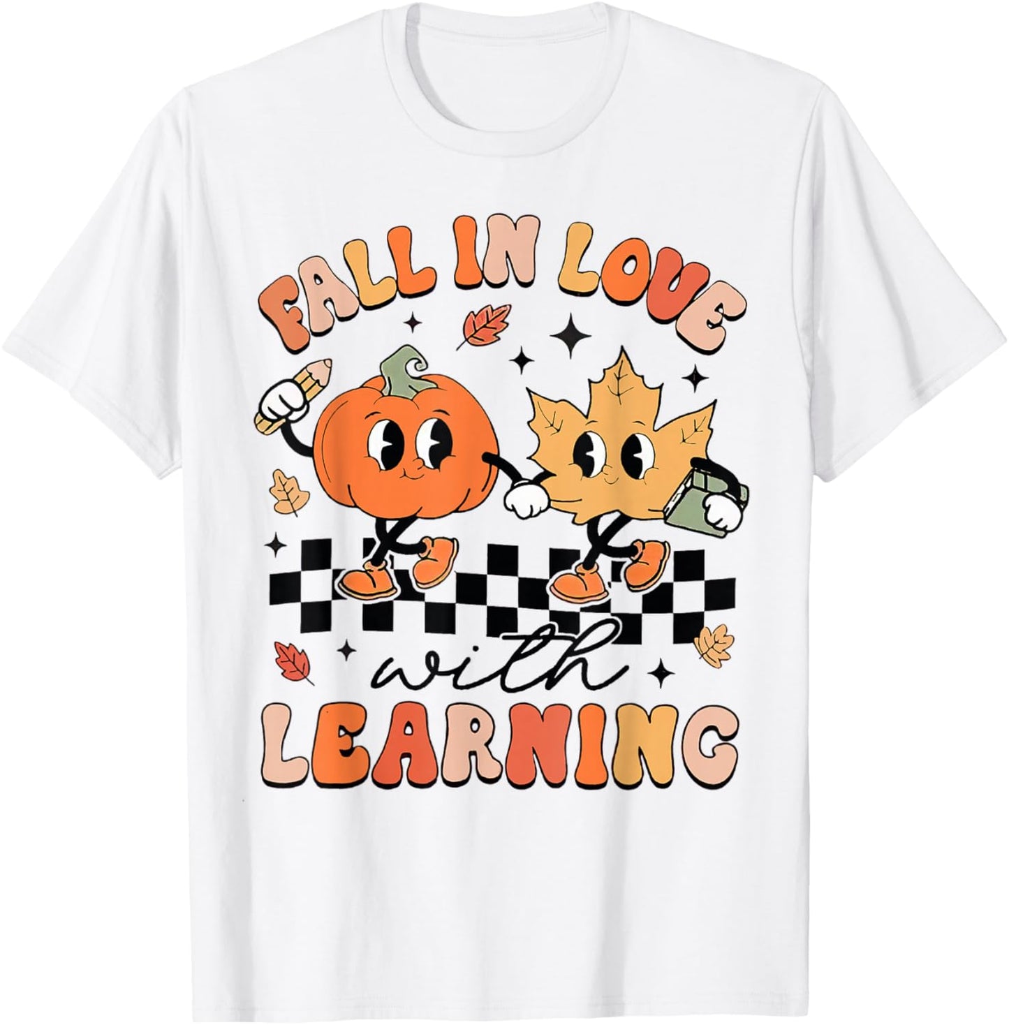 Retro Fall In Love With Learning Autumn Pumpkin Teacher T-Shirt - T-Shirt | White