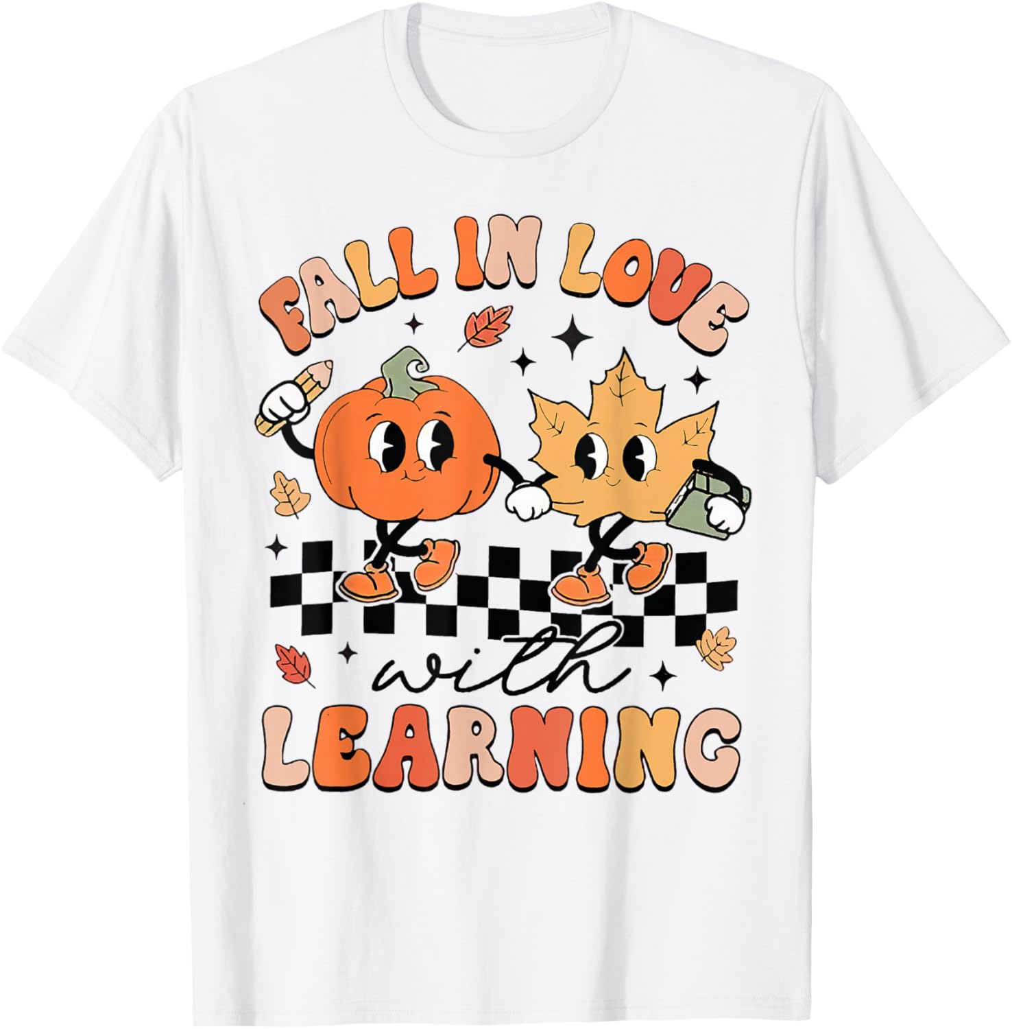 Retro Fall In Love With Learning Autumn Pumpkin Teacher T-Shirt - T-Shirt | White
