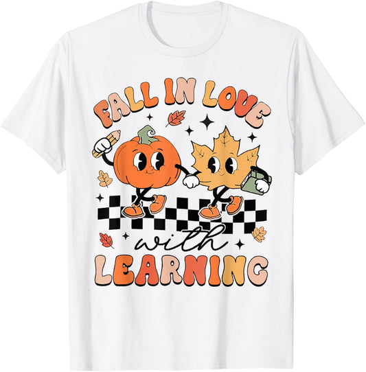 Retro Fall In Love With Learning Autumn Pumpkin Teacher T-Shirt - T-Shirt | White