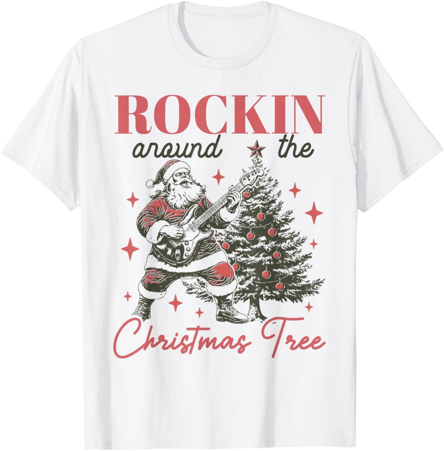 Rocking Around The Christmas Tree Santa Rock and Roll Guitar T-Shirt - T-Shirt | White