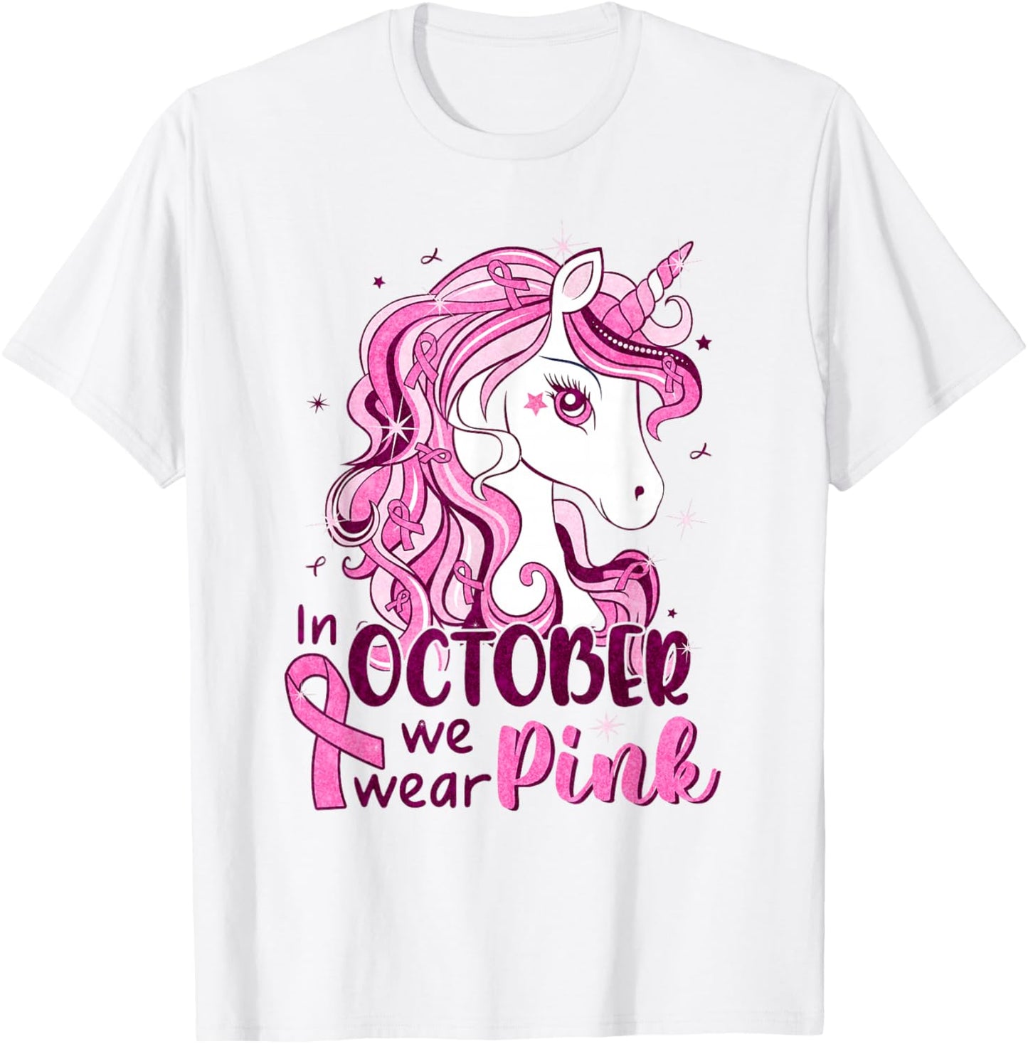In October We Wear Pink Unicorn Breast Cancer Shirts Girls T-Shirt - T-Shirt | White