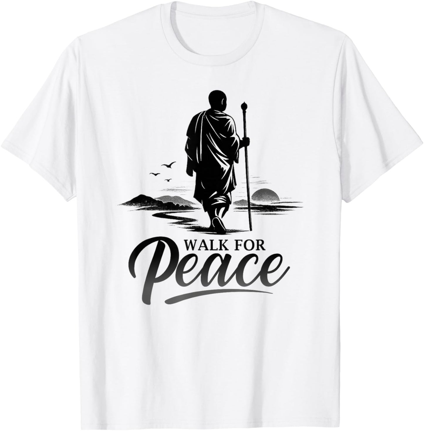 Retro Walk for Peace Monks with Dog Aloka Art Zen Minimalist T-Shirt - T-Shirt | White