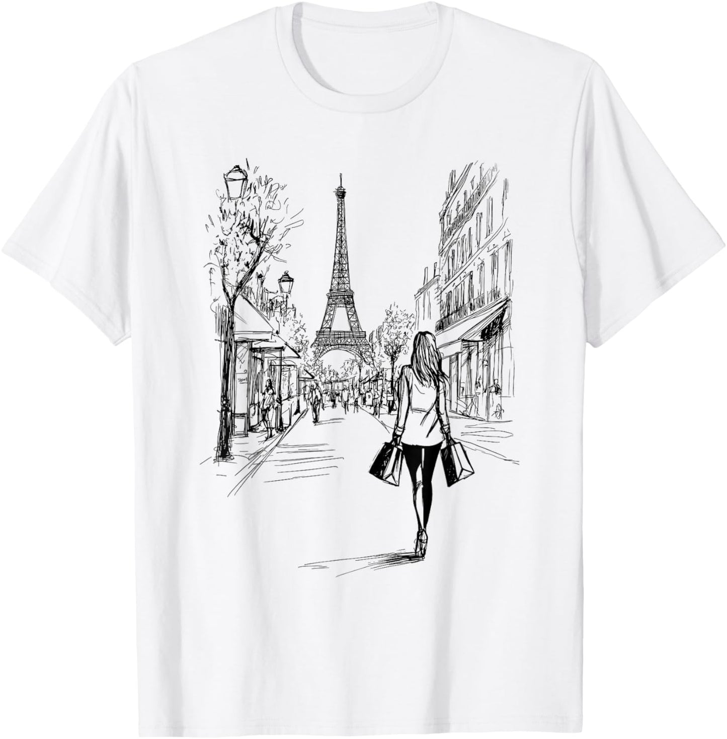 Paris Shopping Eiffel Tower Cute Girl Drawing Souvenir Art T-Shirt - T-Shirt | White