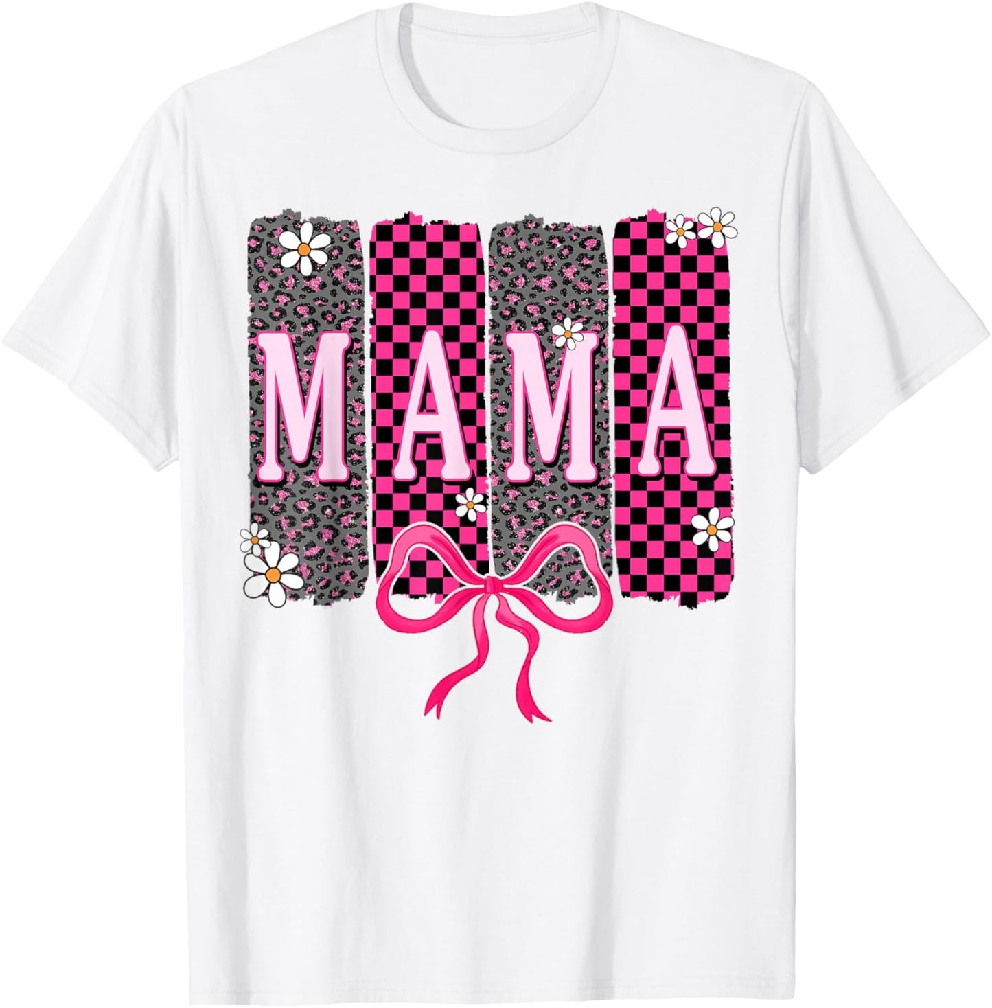 Checkered Mama Coquette Bow Mama Flower Mother's Day Leopard T-Shirt - T-Shirt | White