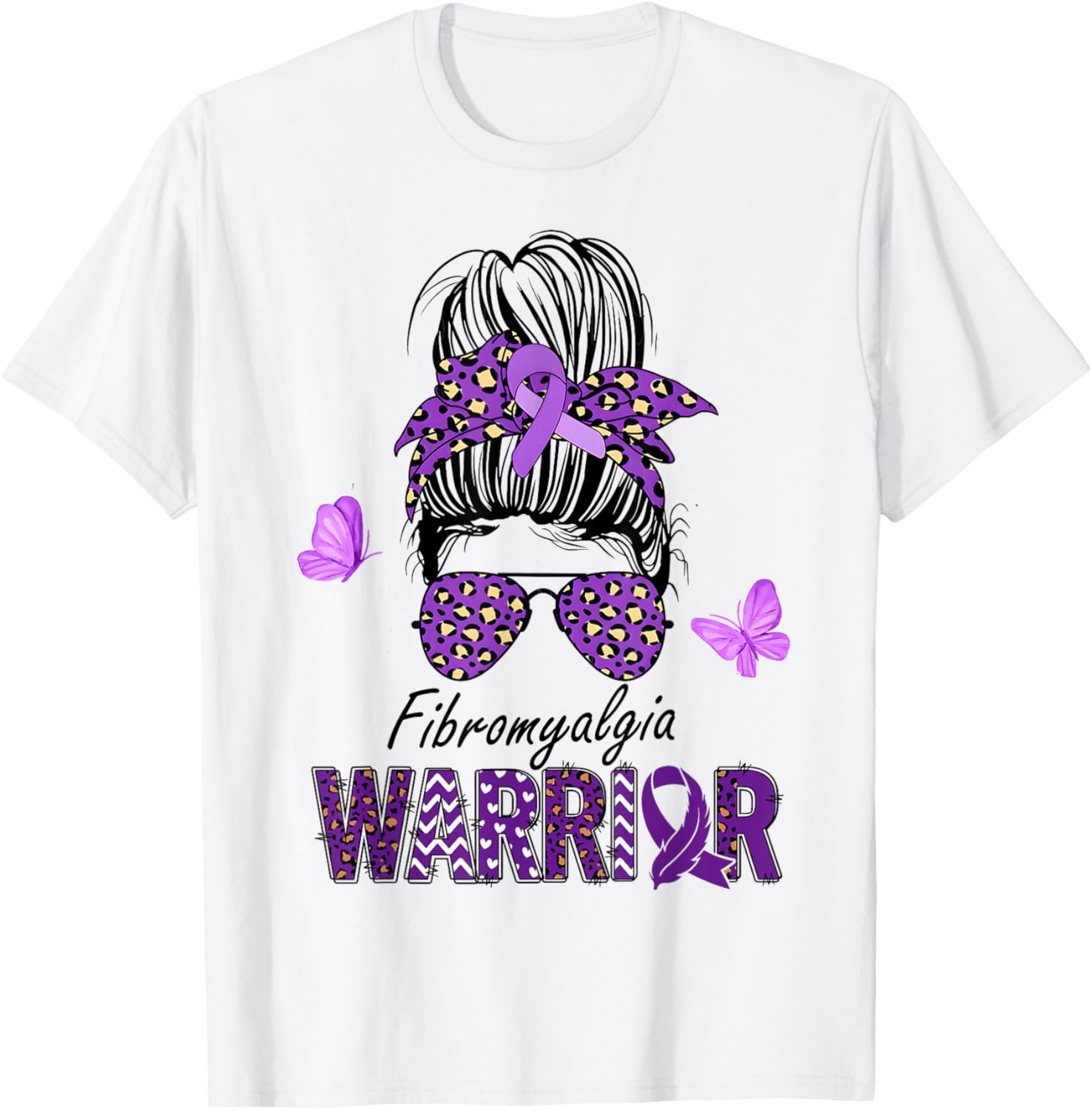 Fibromyalgia Awareness Messy Bun Purple Ribbon warrior T-Shirt - T-Shirt | White