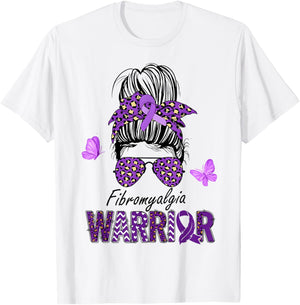 Fibromyalgia Awareness Messy Bun Purple Ribbon warrior T-Shirt - T-Shirt | White