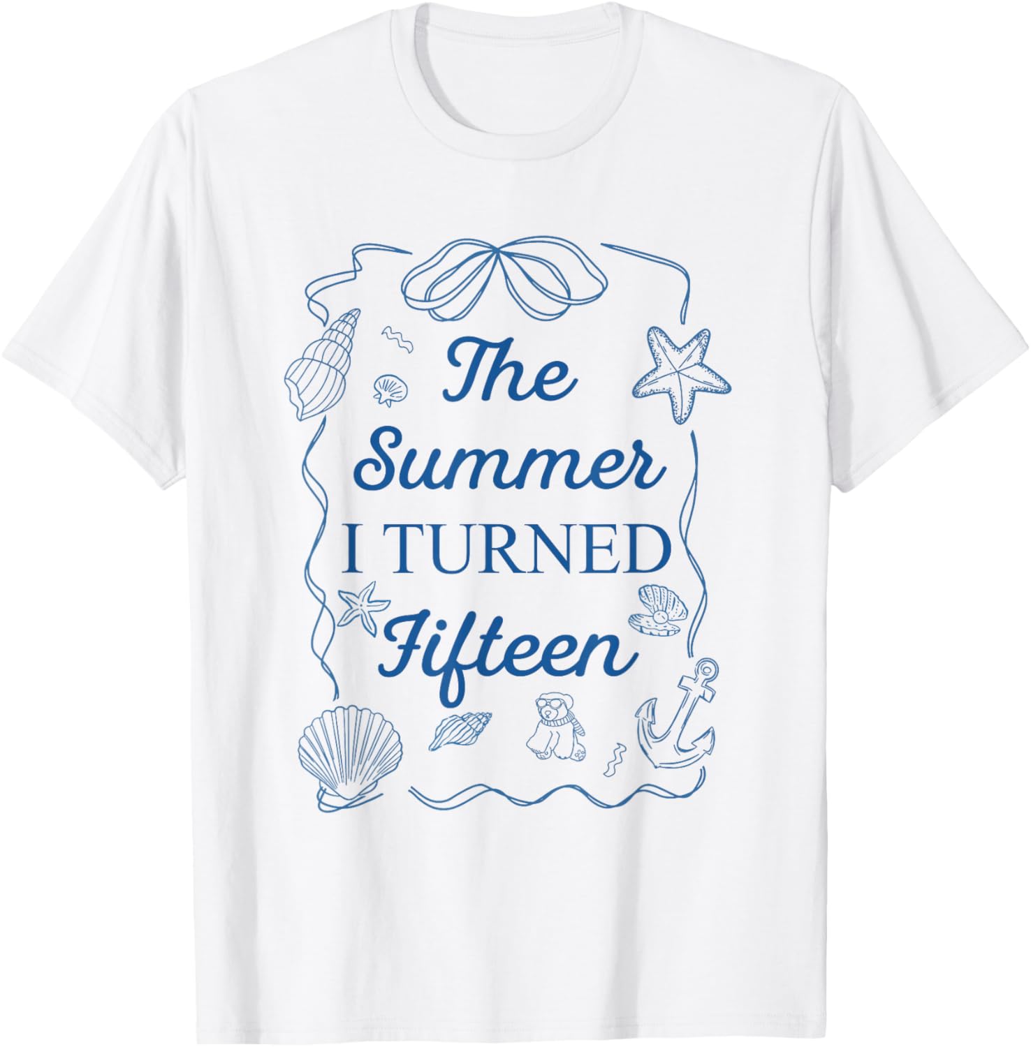 Summer I Turned Fifteen15th Birthday Seashell Coastal Bow T-Shirt - T-Shirt | White