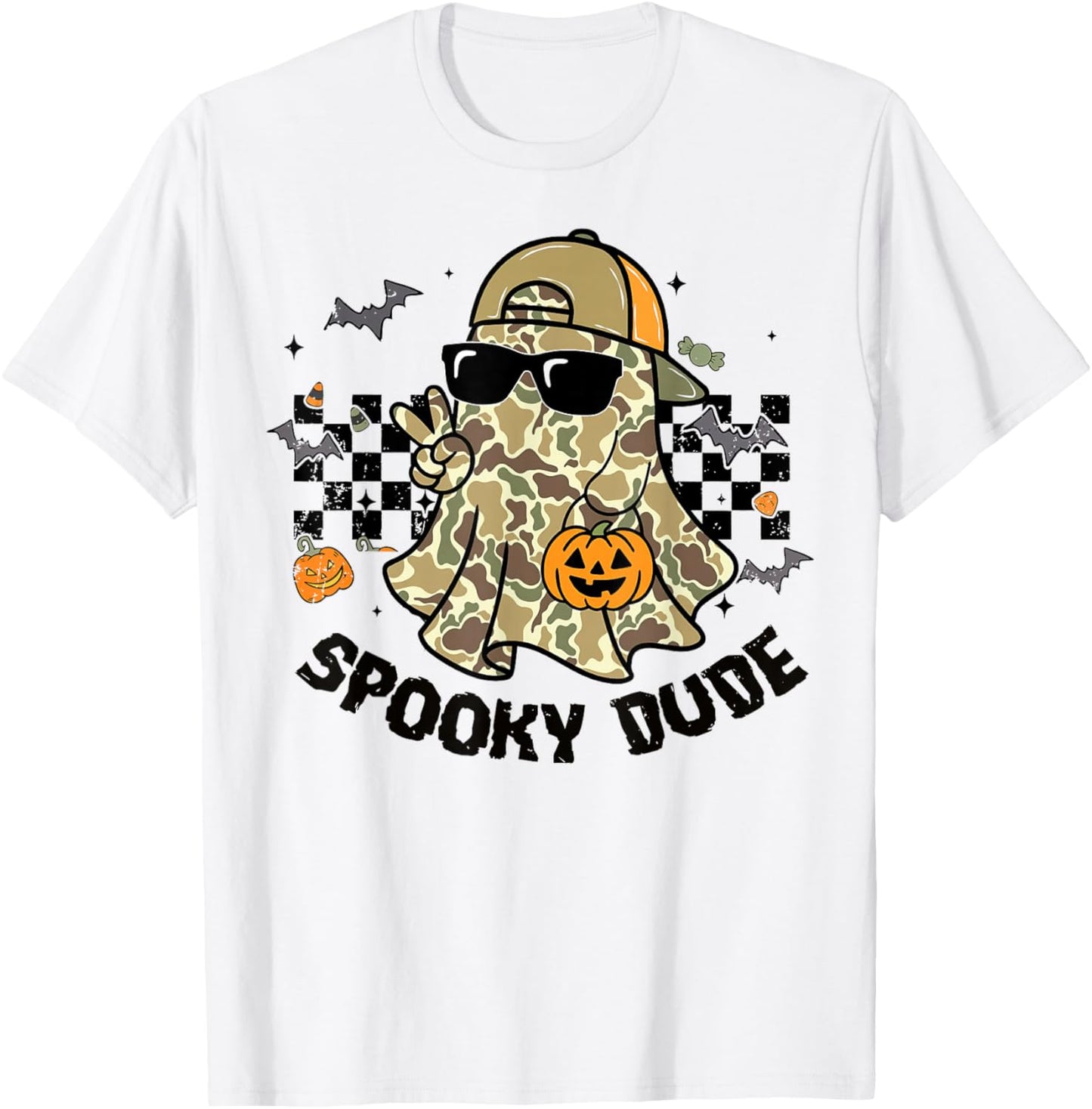 Spooky Dude Retro Camo Camouflage Halloween Cool Pumpkin Boy T-Shirt - T-Shirt | White