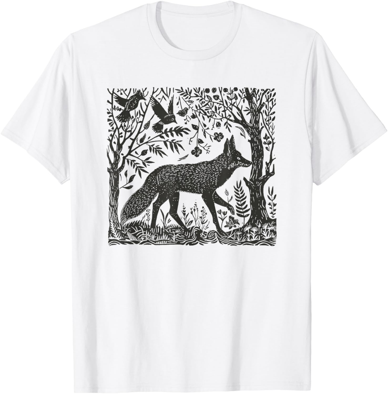Folklore Forest Fox Lino Print T-Shirt - T-Shirt | White