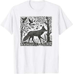Folklore Forest Fox Lino Print T-Shirt - T-Shirt | White
