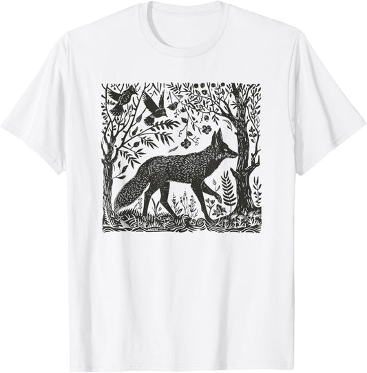 Folklore Forest Fox Lino Print T-Shirt - T-Shirt | White