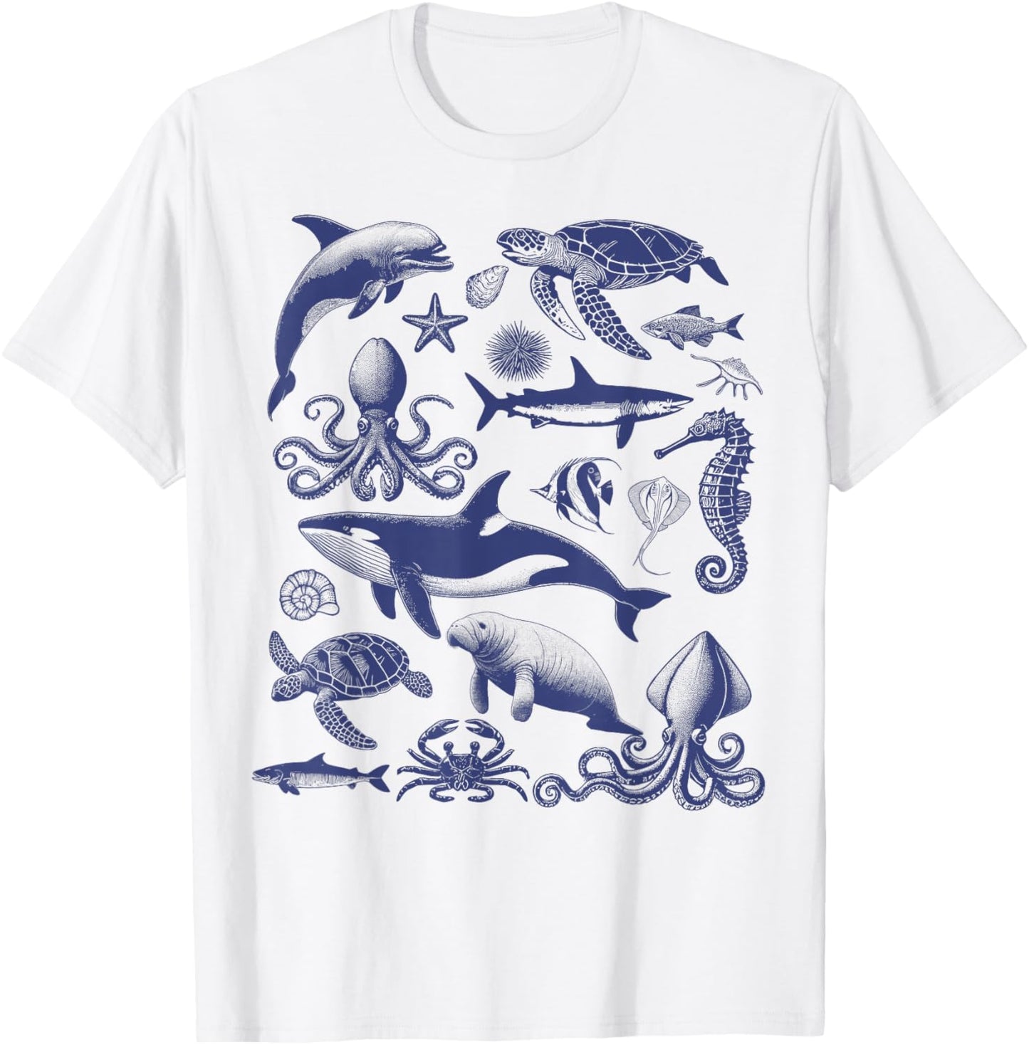 Ocean Wildlife Vintage Shark Turtle Octopus Graphic T-Shirt - T-Shirt | White