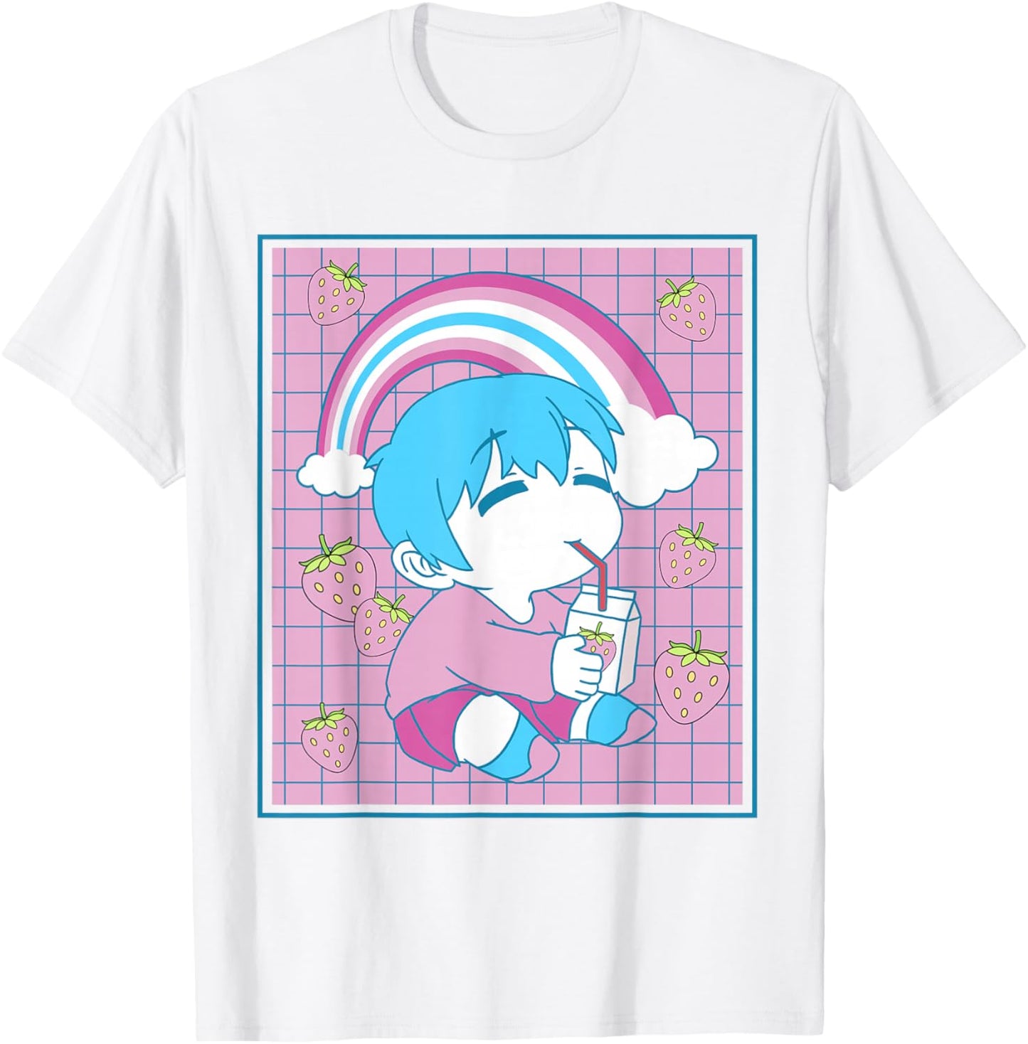 Femboy Chibi Anime Boy Drinking Japanese Strawberry Milk T-Shirt - T-Shirt | White