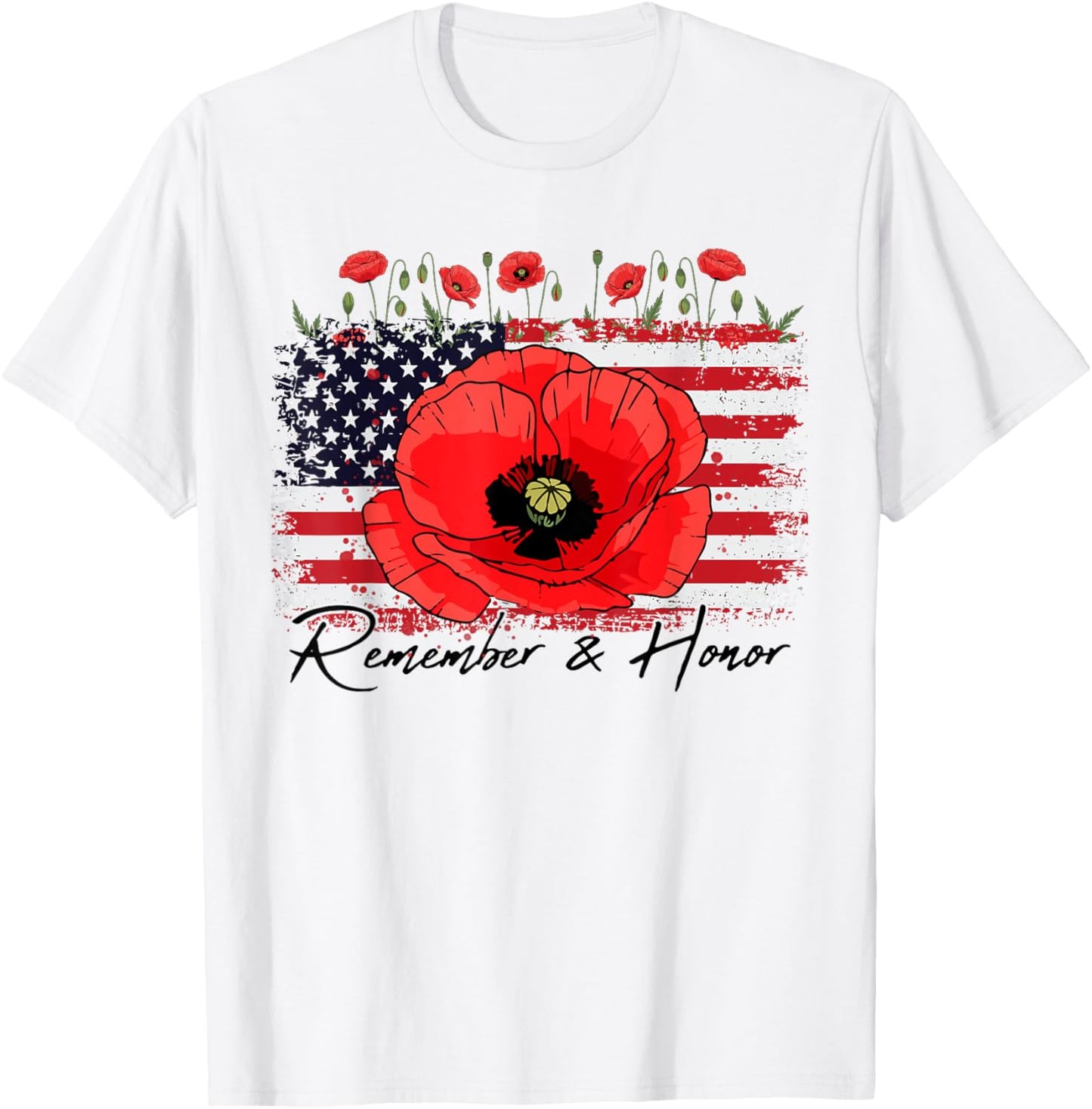 Memorial Day Remember Honor Patriotic USA Flag Flower Women T-Shirt - T-Shirt | White