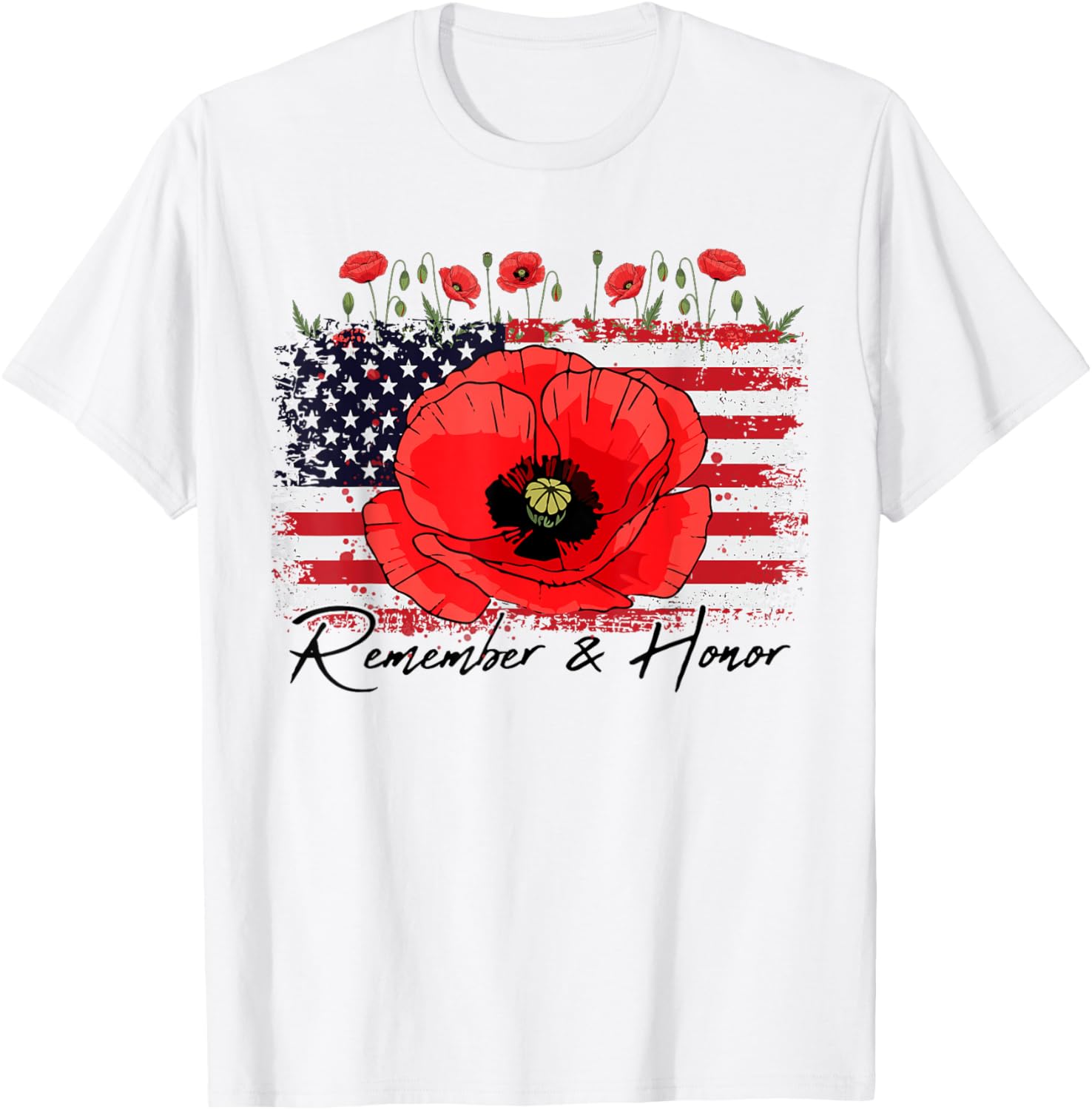 Memorial Day Remember Honor Patriotic USA Flag Flower Women T-Shirt - T-Shirt | White