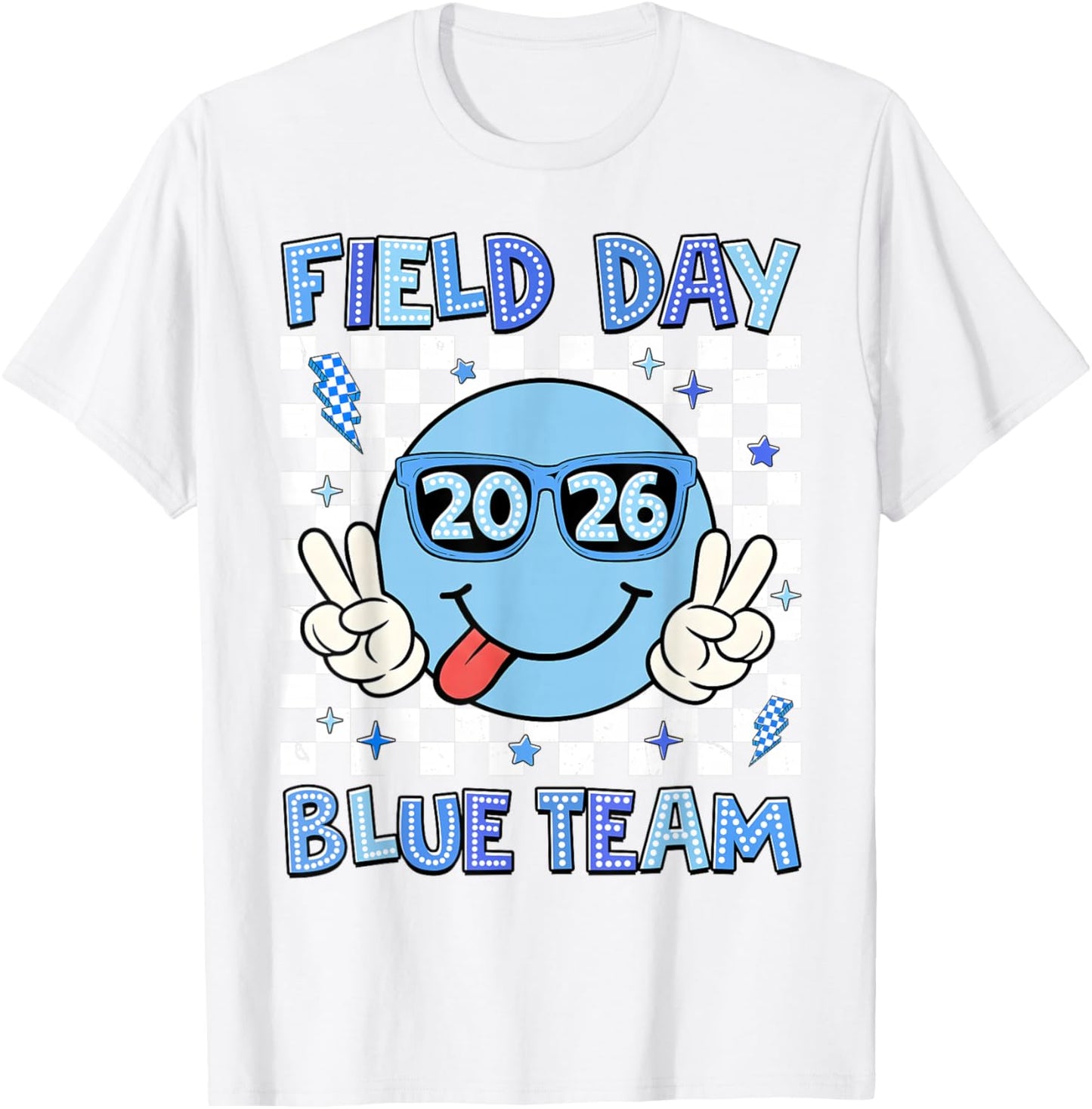 Field Day 2026 Blue Team Smile Face Sunglasses Teacher Kid T-Shirt - T-Shirt | White