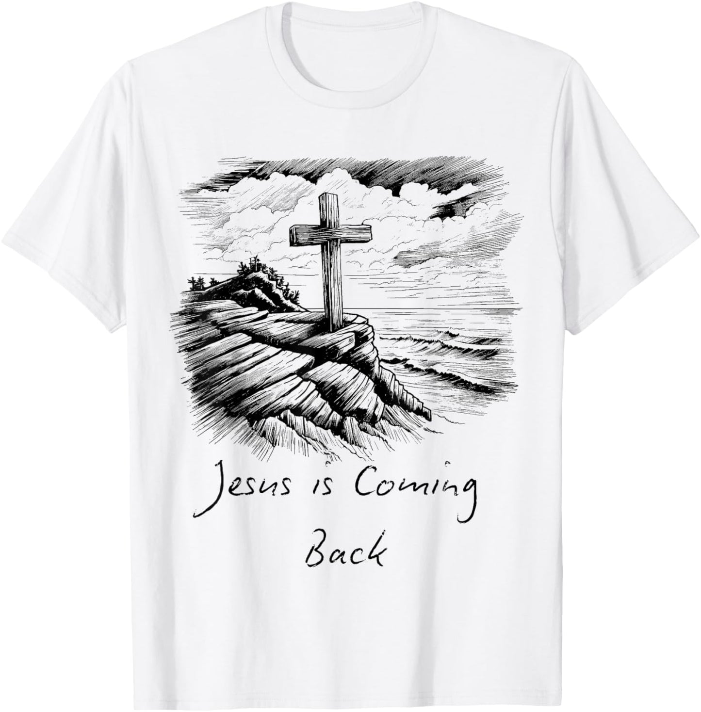 Jesus is coming Back sketch Drawing Cross Christian white T-Shirt - T-Shirt | White