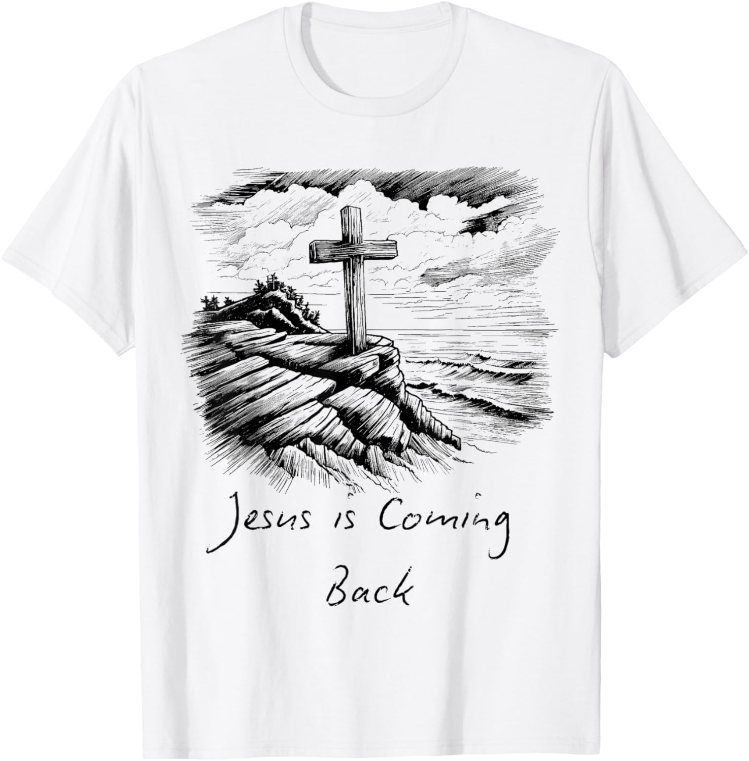 Jesus is coming Back sketch Drawing Cross Christian white T-Shirt - T-Shirt | White