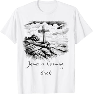 Jesus is coming Back sketch Drawing Cross Christian white T-Shirt - T-Shirt | White