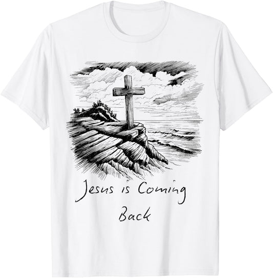 Jesus is coming Back sketch Drawing Cross Christian white T-Shirt - T-Shirt | White