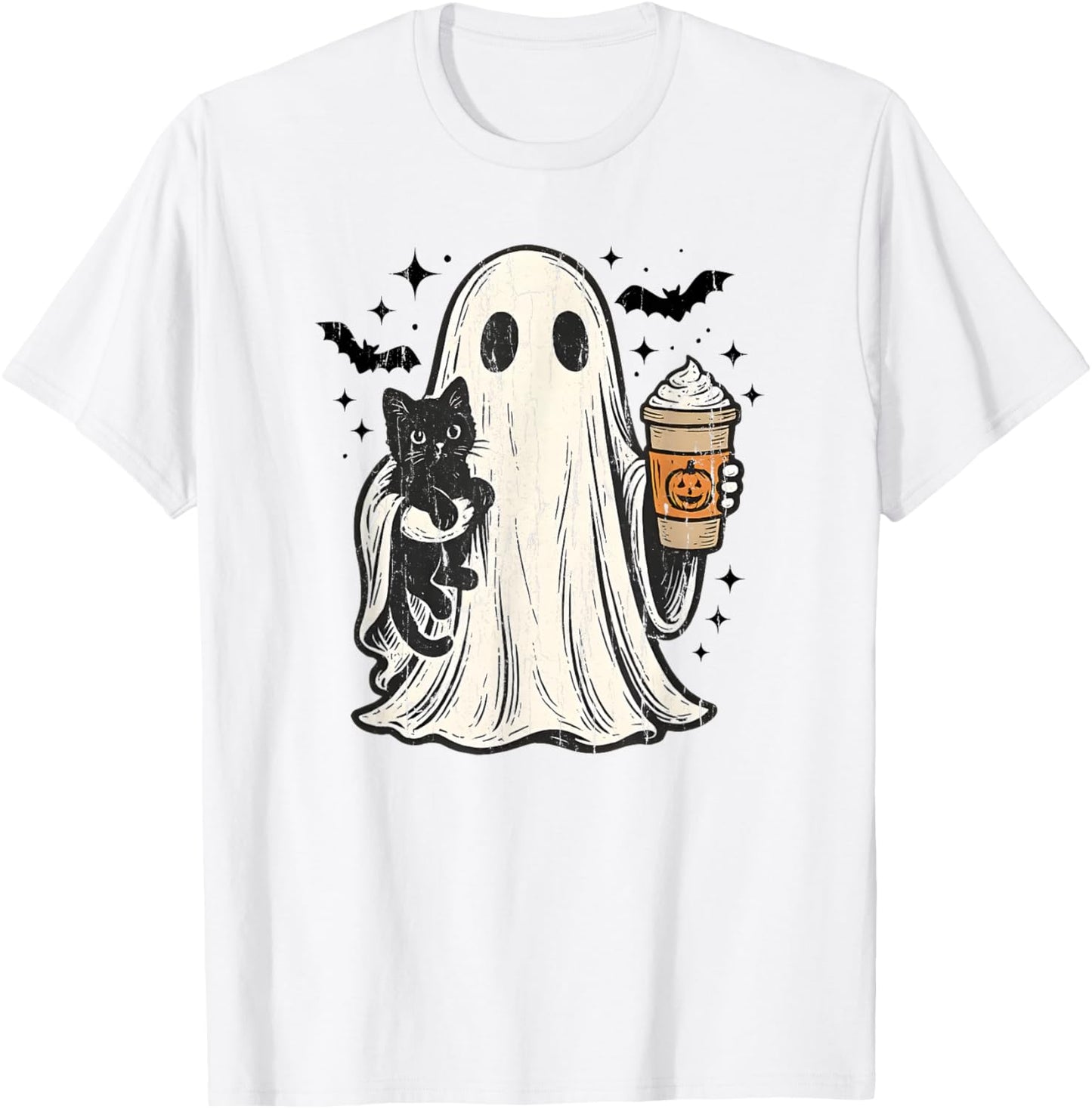 Cute Ghost and Cat, Pumpkin Spice Ghost T-Shirt - T-Shirt | White