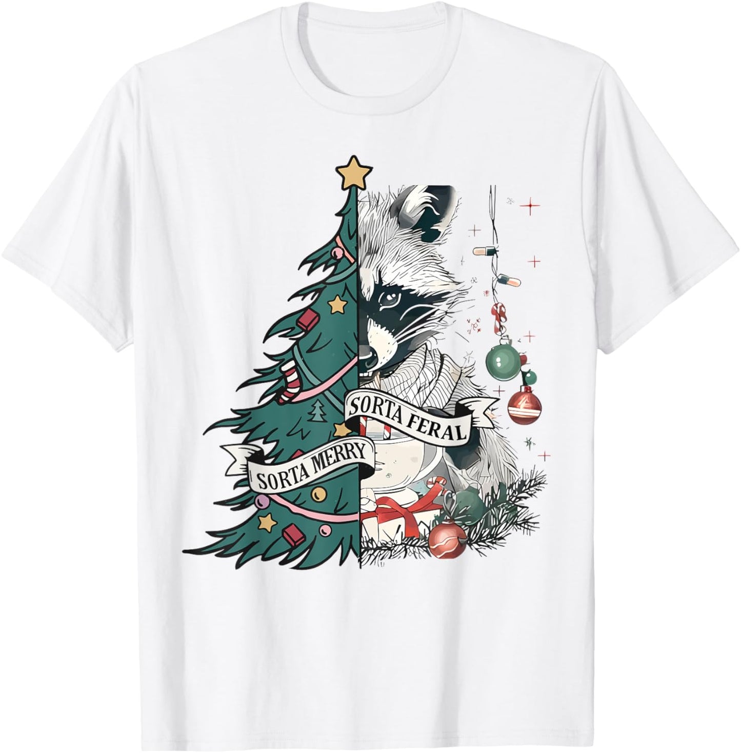 Funny Christmas Sorta Merry Sorta Feral Raccoon Xmas Tree T-Shirt - T-Shirt | White