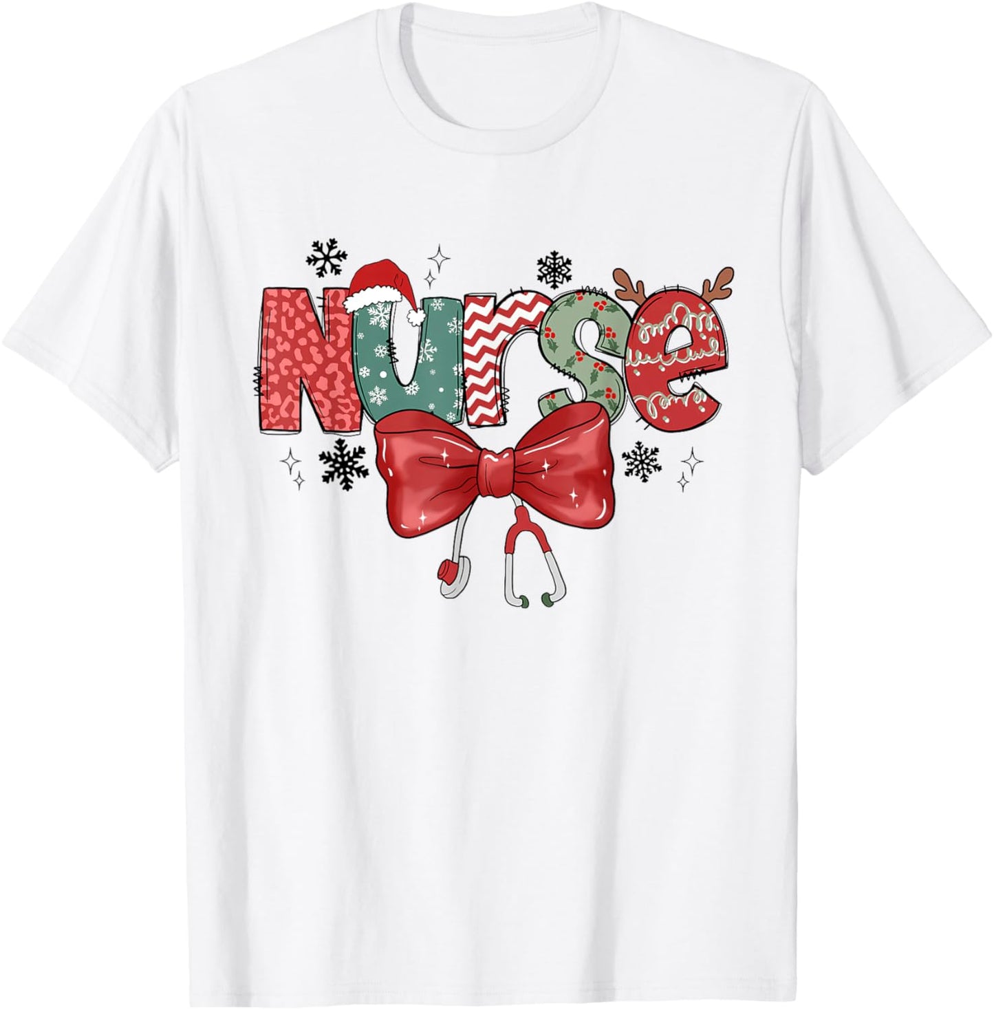 Christmas Nurse Coquette Bow Stethoscope Nursing Xmas Pjs T-Shirt - T-Shirt | White