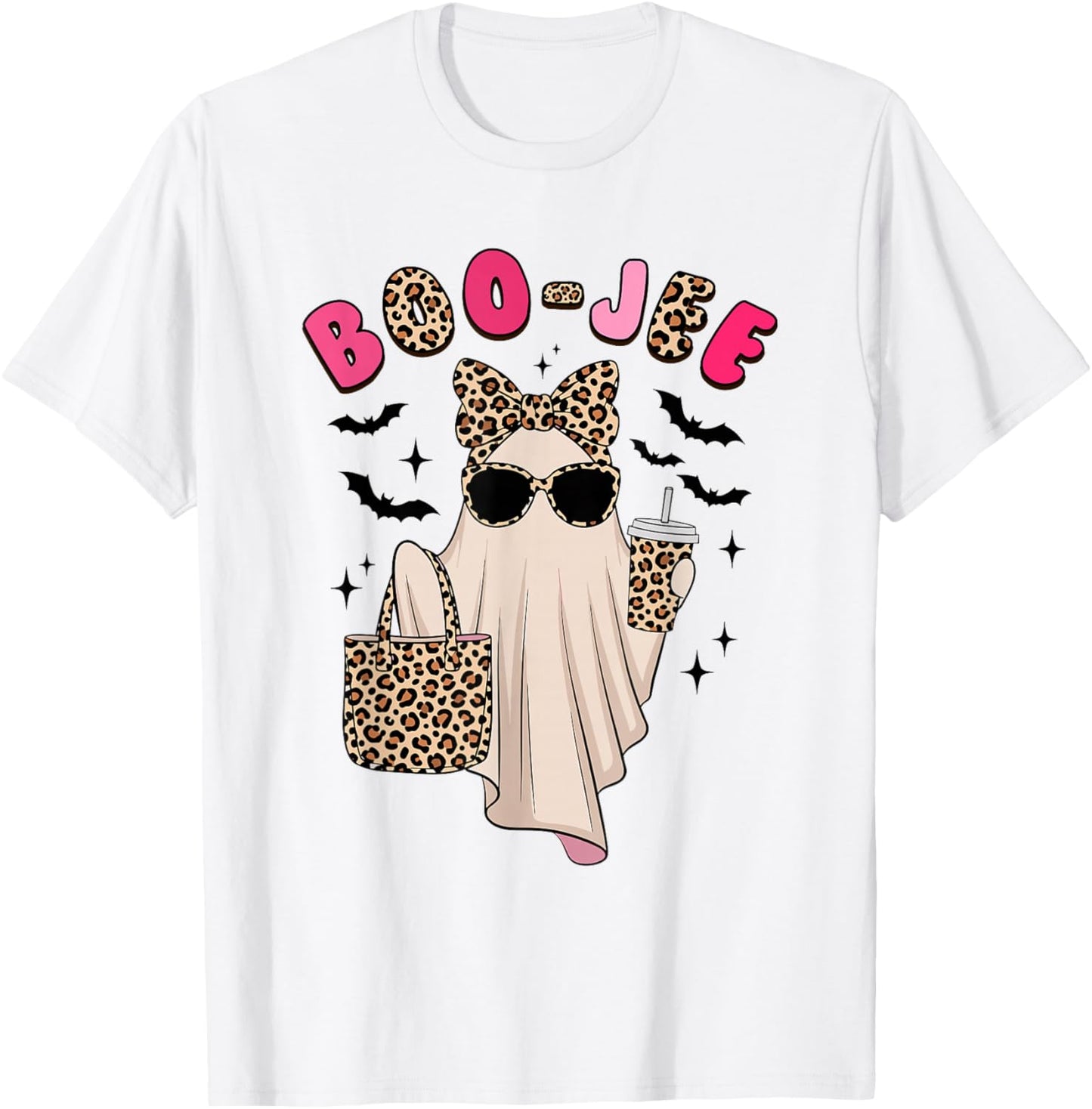 Coquette Leopard Ghost Coffee Boo-JEE Halloween Boujee Ghost T-Shirt - T-Shirt | White