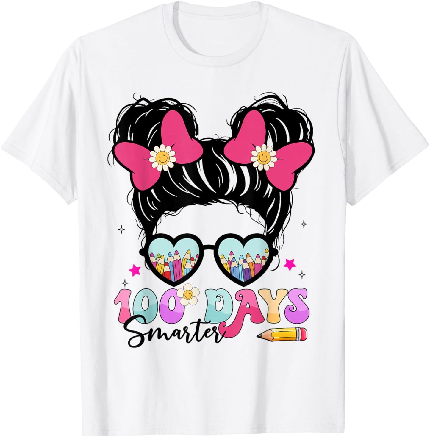 Messy Bun Hair 100th Day of School 100 Days Smarter Kids T-Shirt - T-Shirt | White