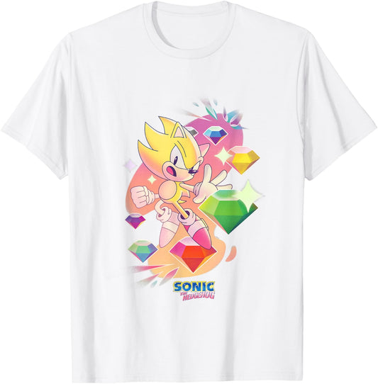 Sonic The Hedgehog Super Sonic Chaos Emeralds Vintage T-Shirt - T-Shirt | White
