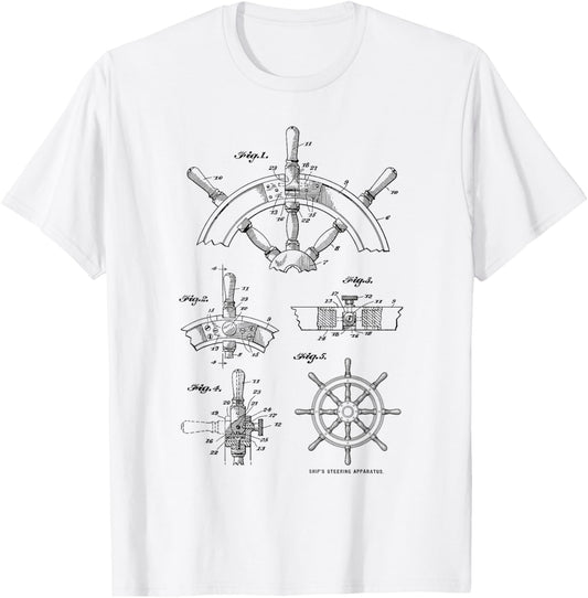 Nautical Vintage Sailing Boating Ship's Wheel Patent Sailors T-Shirt - T-Shirt | White