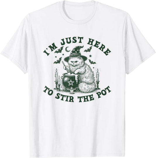 I'm Just Here to Stir The Pot Witch Halloween Black Cat Bats T-Shirt - T-Shirt | White