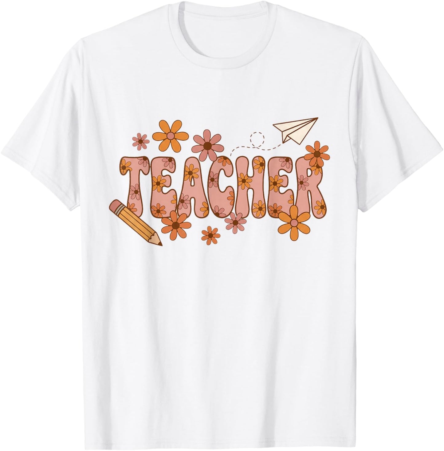 Teacher Groovy Retro Flowers 70s Style Pencil Paper Airplane T-Shirt - T-Shirt | White