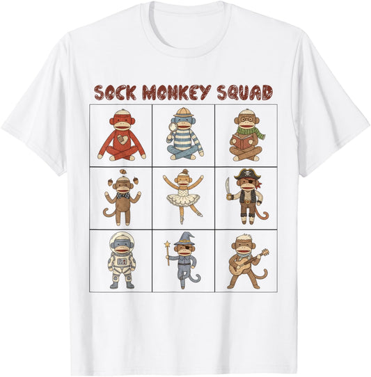 Sock Monkey Grid Graphic - Retro Vintage Sock Monkey Lovers T-Shirt - T-Shirt | White