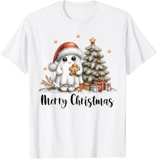 Merry Christmas Ghost With Santa Hat Xmas Tree Lights Men T-Shirt - T-Shirt | White