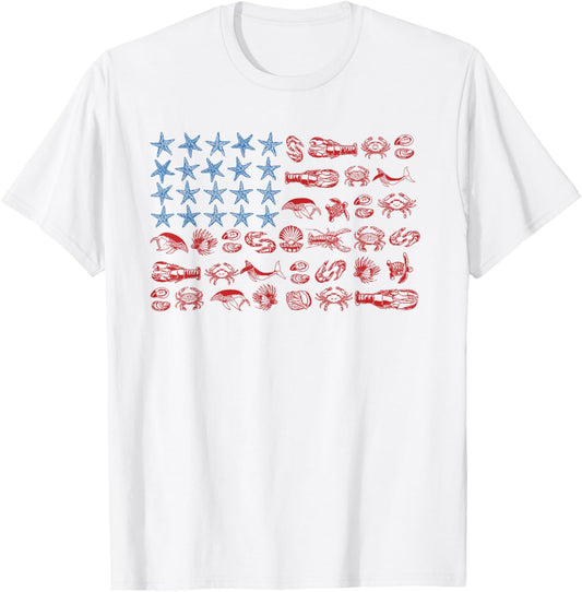 Seashell USA Flag 4th of July Women Kids Summer T-Shirt - T-Shirt | White