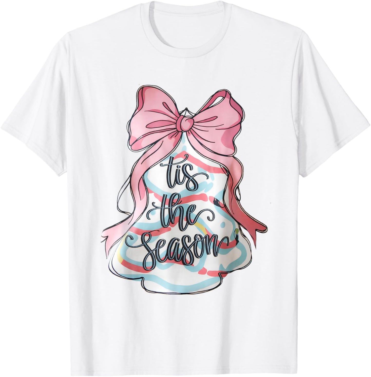 Funny Christmas Outfit Women Kids Pink Christmas Tree Cake Coquette Bow Xmas Pajamas Funny T-Shirt - T-Shirt | White