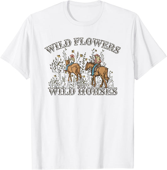 Sunset Cowgirl Riding Horse Wild Flowers - Wild Horses T-Shirt - T-Shirt | White