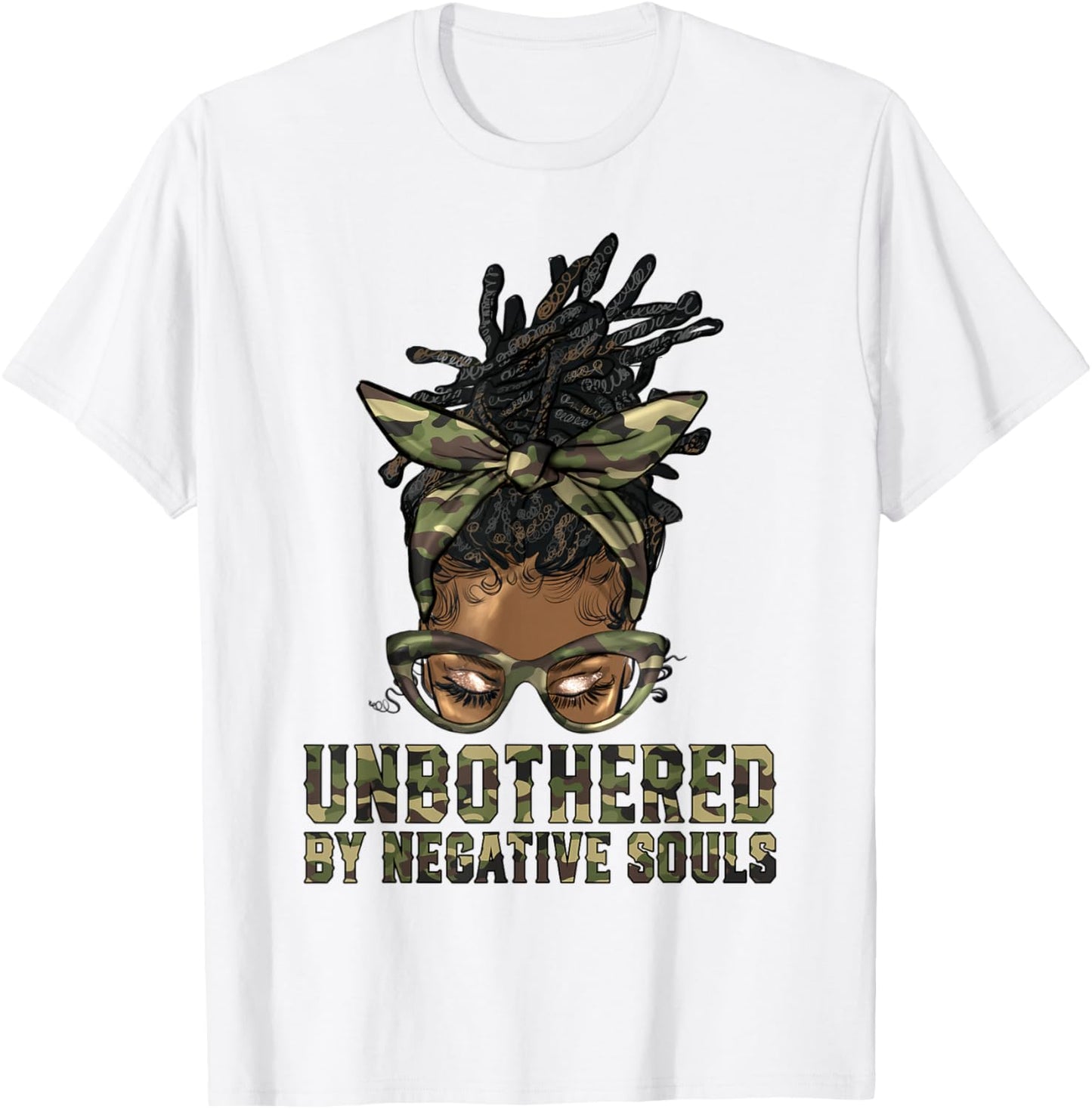 Loc'd Hair Messy Bun Black Woman Girl Camo Unbothered T-Shirt - T-Shirt | White