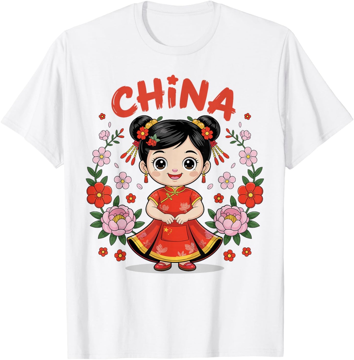 China Flag Culture Pride Chinese Cute Girl Traditional Dress T-Shirt - T-Shirt | White