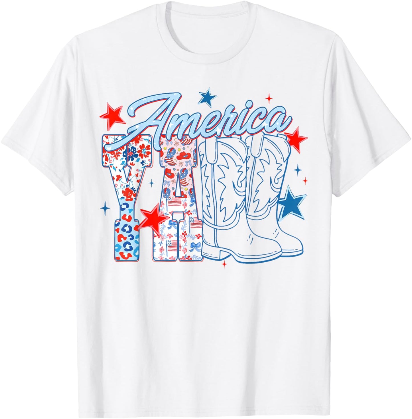 America Y’All Patriotic Cowgirl Boots Women Girls 4th July T-Shirt - T-Shirt | White