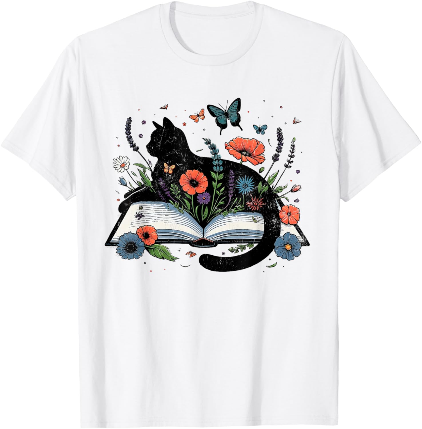 Retro Cute Cat Floral Book Librarian Vintage Floral Cat Book T-Shirt - T-Shirt | White